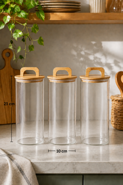 Aria- 3'lü Borosilikat Bambu Kapaklı Kavanoz 1300 ml Düz