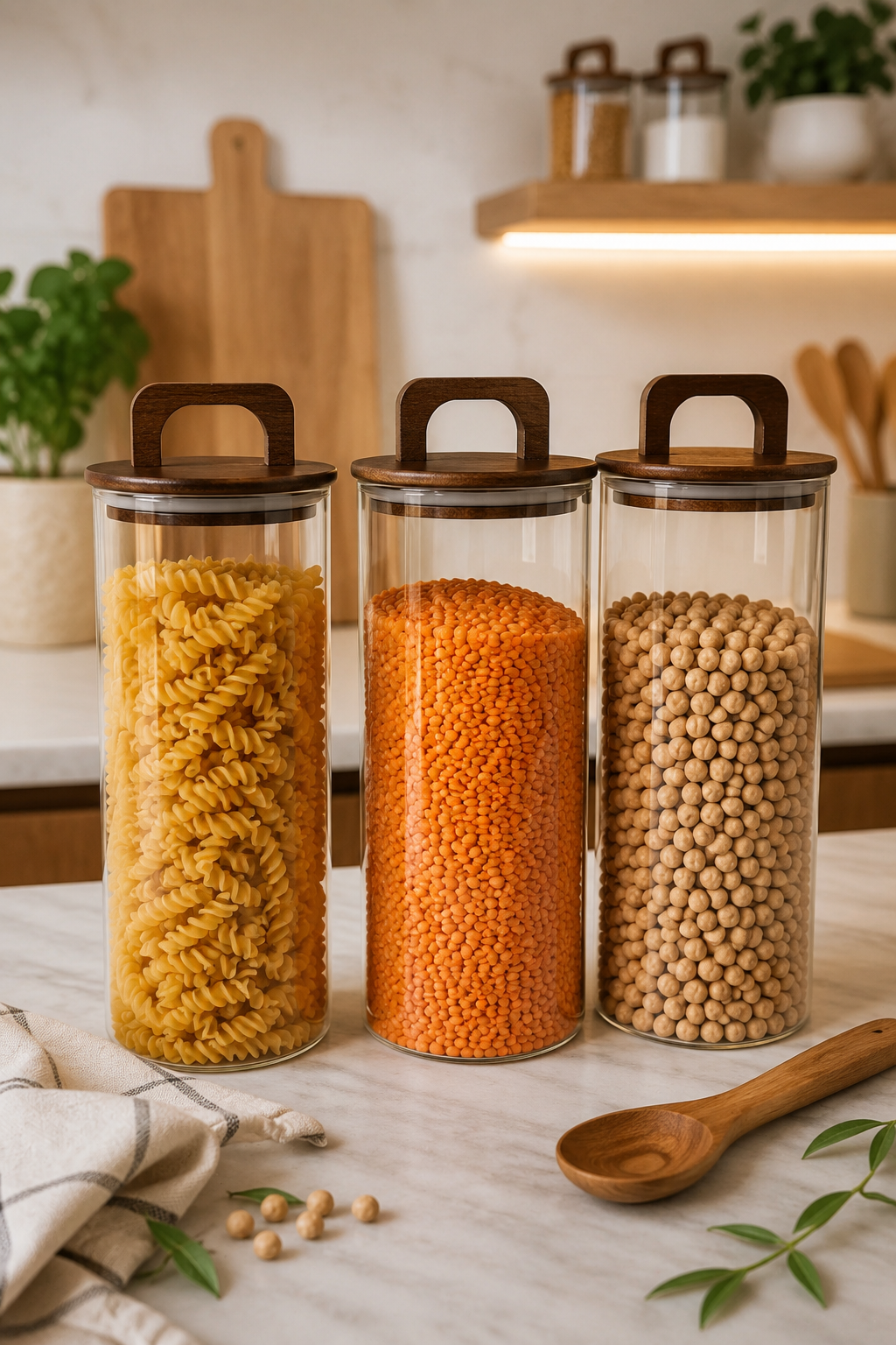 Aria- 3'lü Borosilikat Bambu Kapaklı Kavanoz 1300 ml Çizgili