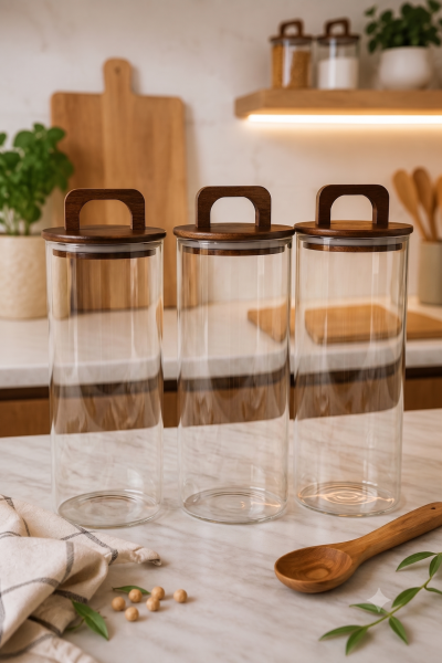Aria- 3'lü Borosilikat Bambu Kapaklı Kavanoz 1300 ml Çizgili