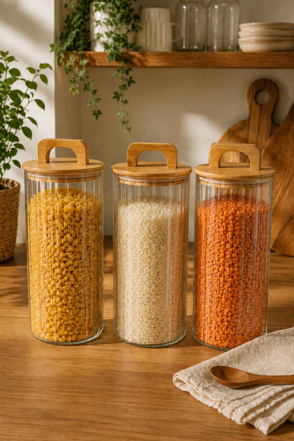 Aria- 3'lü Borosilikat Bambu Kapaklı Kavanoz 1300 ml Çizgili