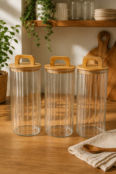 Aria- 3'lü Borosilikat Bambu Kapaklı Kavanoz 1300 ml Çizgili