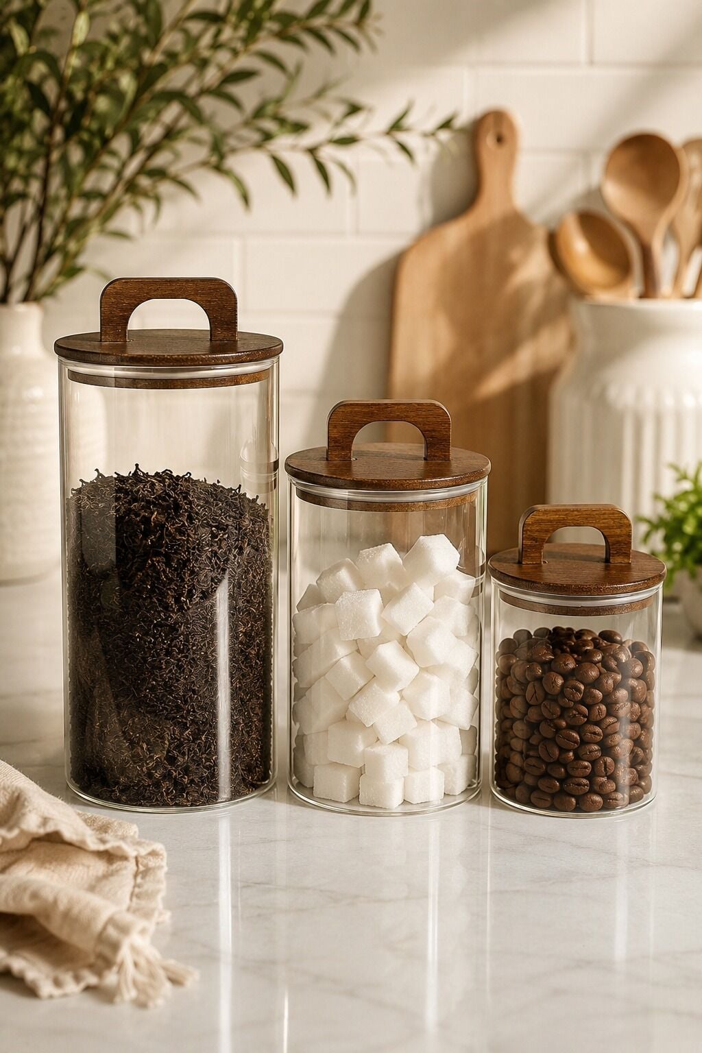 Aria - 3'lü Borosilikat Bambu Kapaklı 1300 - 900 -600 ml Kavanoz Takımı Düz
