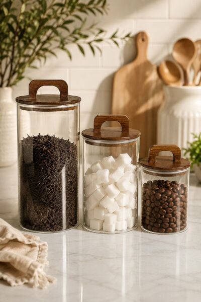 Aria - 3'lü Borosilikat Bambu Kapaklı 1300 - 900 -600 ml Kavanoz Takımı Düz