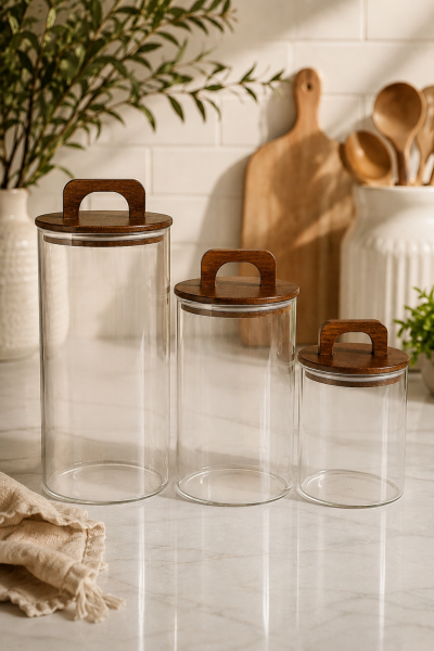 Aria - 3'lü Borosilikat Bambu Kapaklı 1300 - 900 -600 ml Kavanoz Takımı Düz