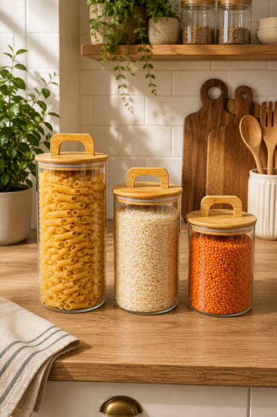 Aria - 3'lü Borosilikat Bambu Kapaklı 1300 - 900 -600 ml Kavanoz Takımı Düz
