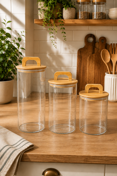 Aria - 3'lü Borosilikat Bambu Kapaklı 1300 - 900 -600 ml Kavanoz Takımı Düz