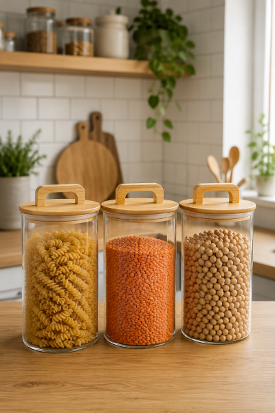 Aria- 3'lü Borosilikat Bambu Kapaklı Kavanoz 900 ml Çizgili