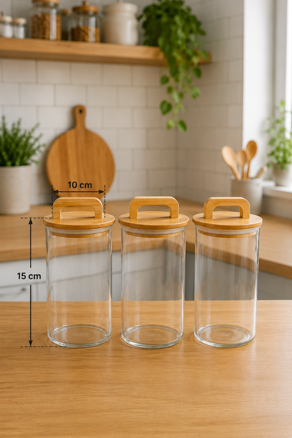 Aria- 3'lü Borosilikat Bambu Kapaklı Kavanoz 900 ml Çizgili