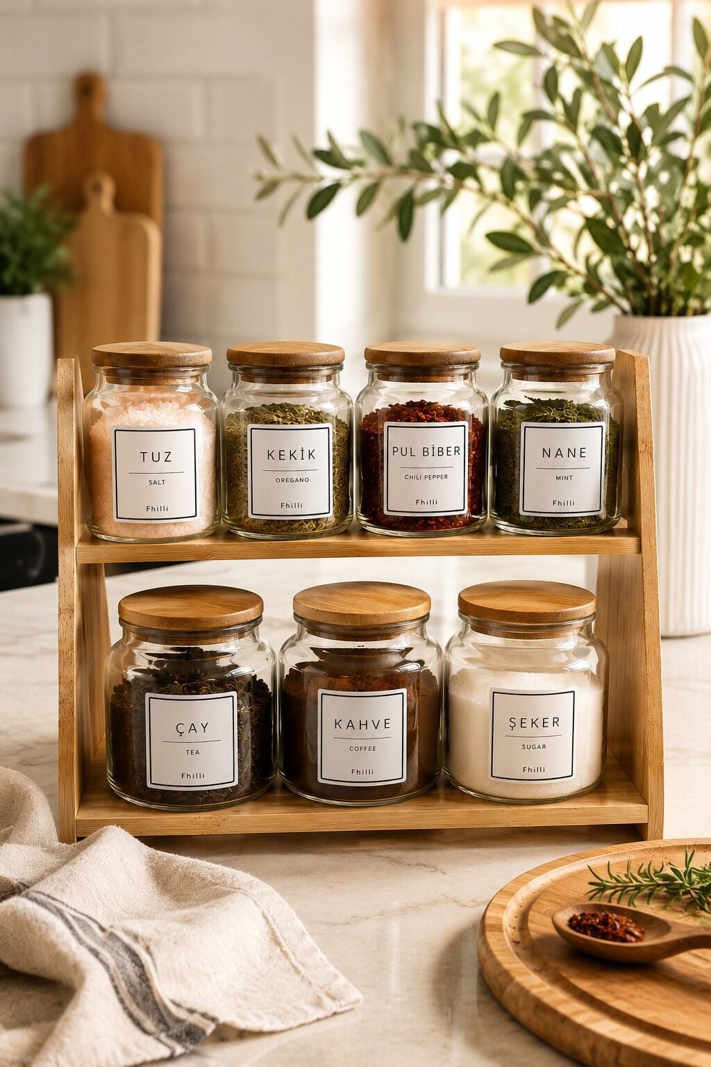 Prime Ekstra - 2 Katlı Saklama Kabı Organizer Bambu Standlı Baharatlık Seti