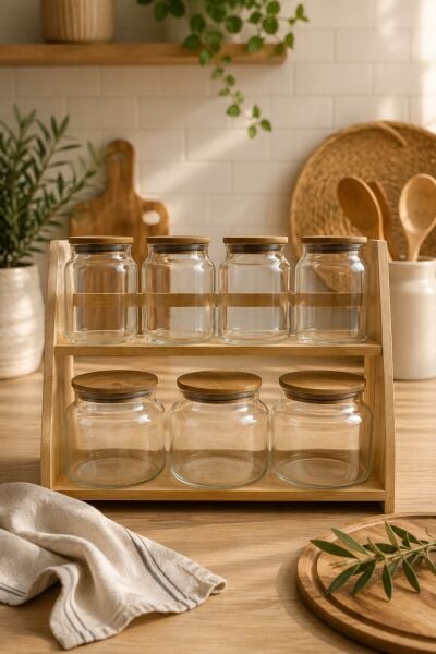 Prime Ekstra - 2 Katlı Saklama Kabı Organizer Bambu Standlı Baharatlık Seti