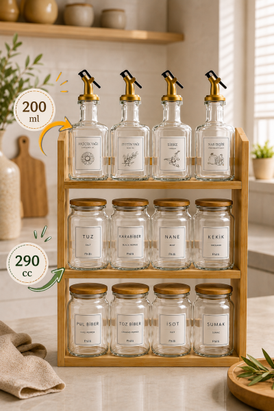 Gusto – 3 Katlı Bambu Standlı Cam Baharatlık ve Yağdanlık Seti