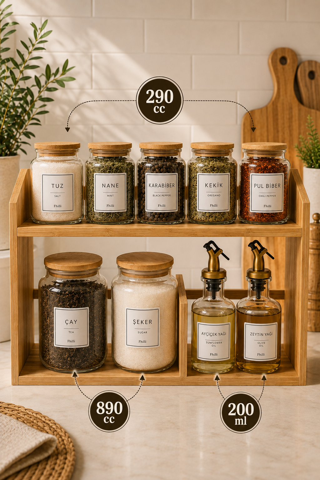 Brio – 2 Katlı Bambu Standlı Cam Baharatlık ve Yağdanlık Seti