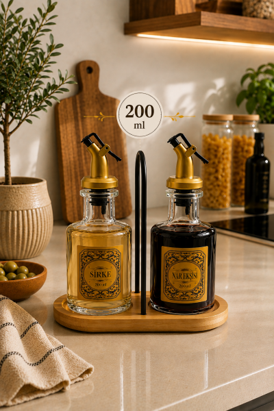 Lago – 2’li Bambu Standlı Cam Yağdanlık Seti – 4’lü Etiket Hediyeli