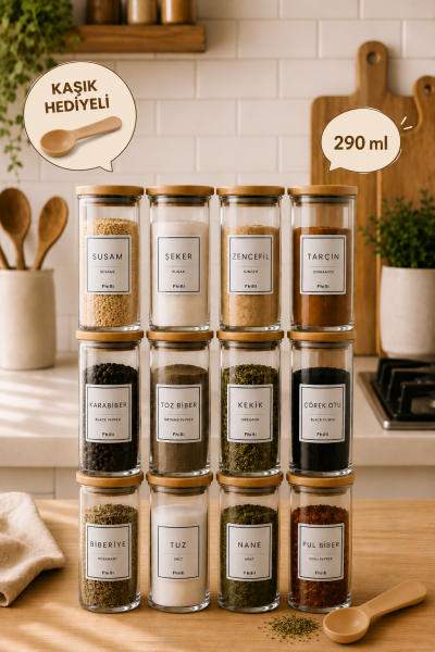 Mira – 12'li Bambu Kapaklı Cam Baharatlık Seti – 290 ml – Kaşık Hediyeli