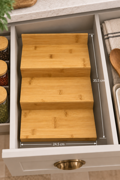 Nivola – 9’lu Bambu Kapaklı Borosilikat Baharatlık Seti ve Çekmece İçi Düzenleyici Stand Küçük